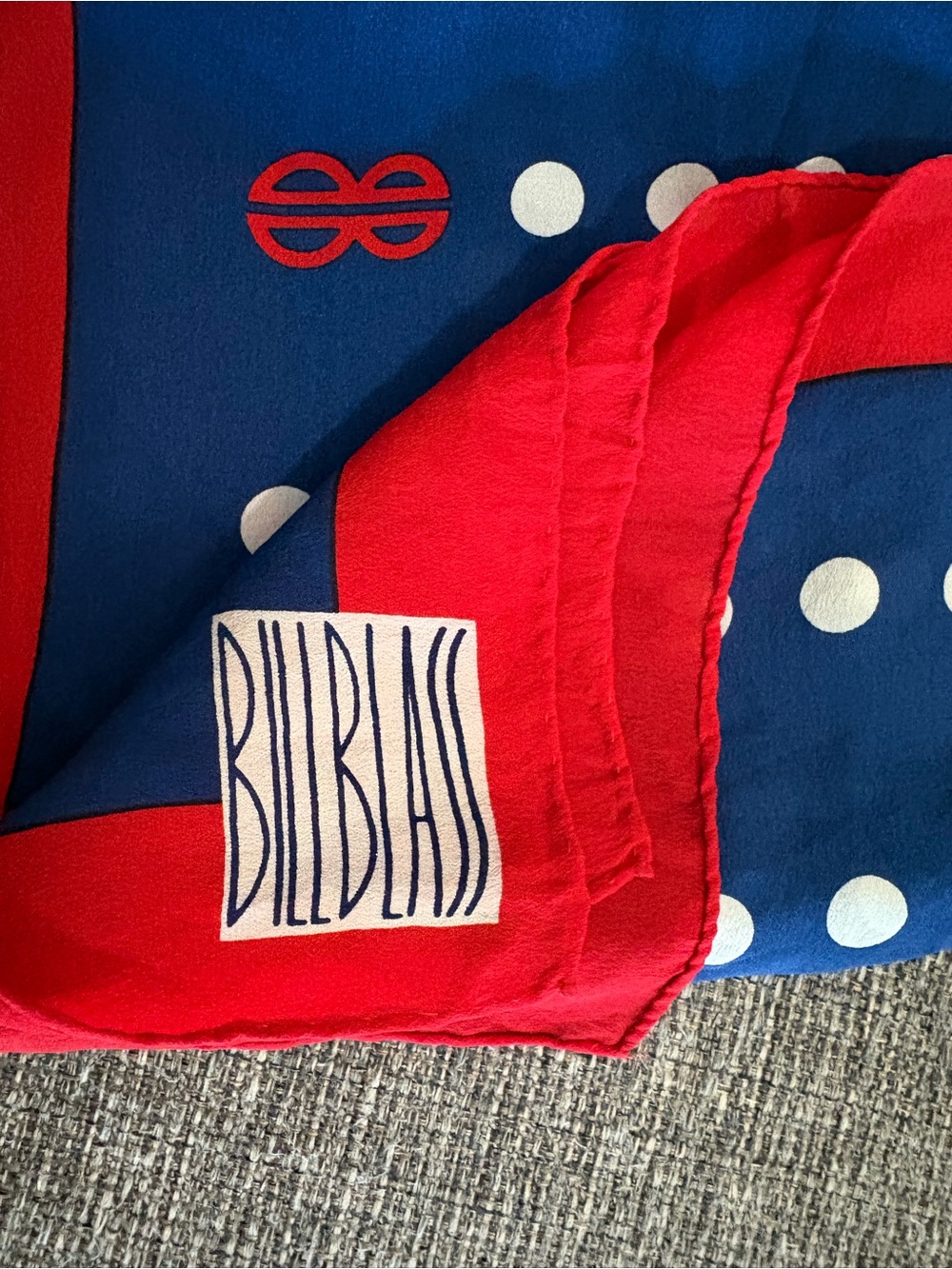 Vintage Bill Blass Silk Scarf BB Monogram Polka Dot Red White Blue Scarf - Picture 3 of 4